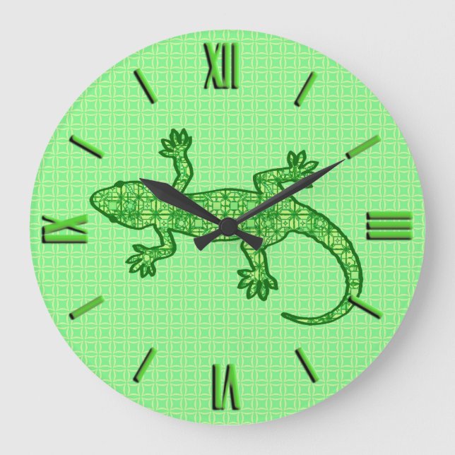 Grande Horloge Ronde Batik tribal Gecko - chaux et vert émeraude (Recto)