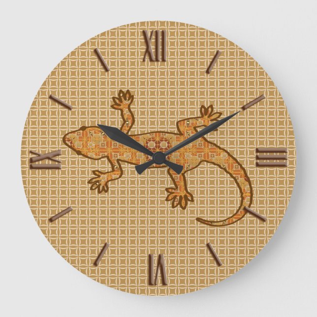 Grande Horloge Ronde Batik tribal Gecko - rouille, ambre et bronze (Recto)
