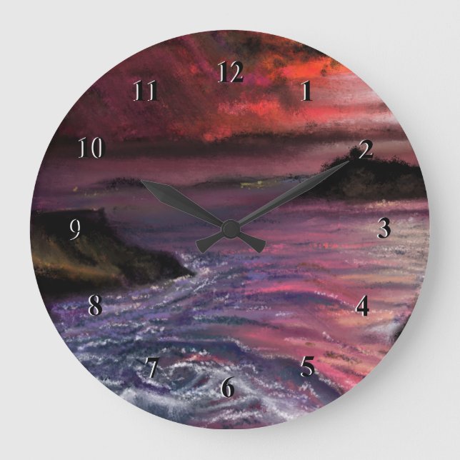 Grande Horloge Ronde Beau coucher de soleil sur la mer - peinture origi (Recto)