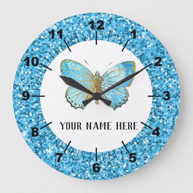 Grande Horloge Ronde Beau Papillon Bleu (Recto)