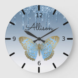 Grande Horloge Ronde Beau papillon bleu personnalisé