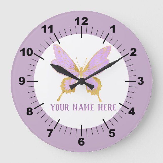 Grande Horloge Ronde Beau Papillon mauve et or (Recto)