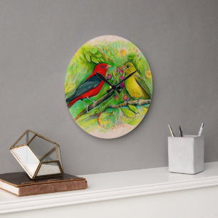 Grande Horloge Ronde Beau Scarlet Tanagers Aquarelle Art