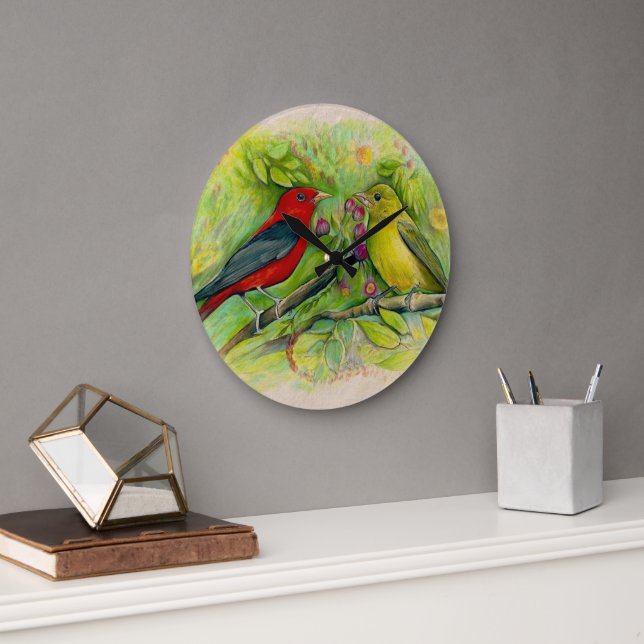 Grande Horloge Ronde Beau Scarlet Tanagers Aquarelle Art (Bureau)