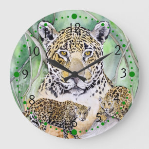 Grande Horloge Ronde Beaux-arts d'aquarelle de Jaguar de jungle