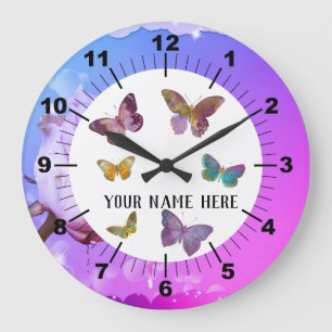 Grande Horloge Ronde Beaux Papillons & Fond de Rose