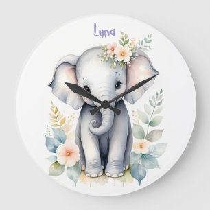 Grande Horloge Ronde Bébé Éléphant en Fleur