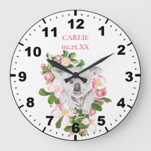 Grande Horloge Ronde Bébé koala pour la chambre de petite fille