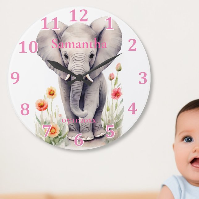 Grande Horloge Ronde Bébé mou Eléphant Pastel Aquarelle Fleur de printe (Créateur téléchargé)
