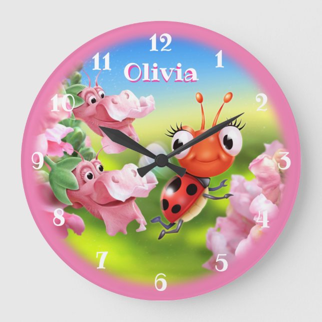 Grande Horloge Ronde Belle coccinelle dans le jardin de fleurs. (Recto)