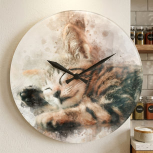 Grande Horloge Ronde Belle et mignonne chaton couchage aquarelle