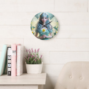 Grande Horloge Ronde Belle fée de mars dans les jonquilles