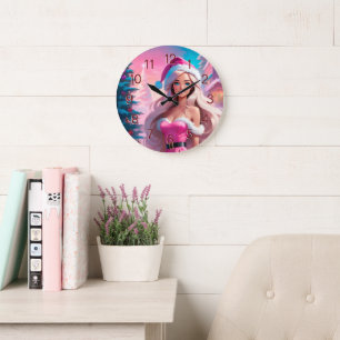 Grande Horloge Ronde Belle fille de Noël rose 01