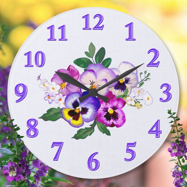 Grande Horloge Ronde Belle horloge, Pansy, Modifier pour ajouter votre  (Pansey Clock. Nice, Pansy themed Gift for your, Pansy Decorating ideas. Purple, Yellow, Pansy Clock.)