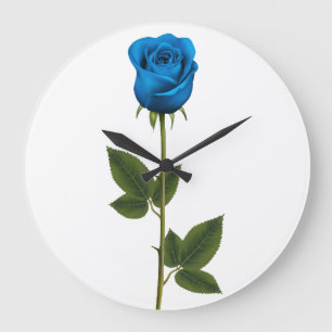 Grande Horloge Ronde Belle Rose Bleue avec Tige et Feuilles