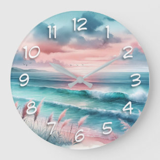 Grande Horloge Ronde Belle scène océanique en rose et bleu