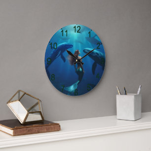 Grande Horloge Ronde Belle Sirène Nager Avec Baleines À Bosse,