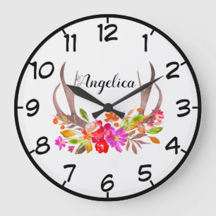 Grande Horloge Ronde Belles bois de cerf floraux