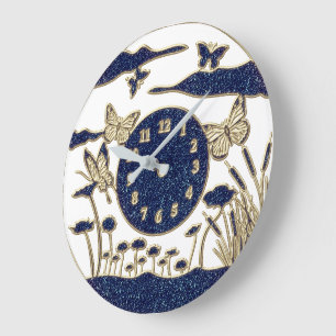 Grande Horloge Ronde Belles papillons bleus/or