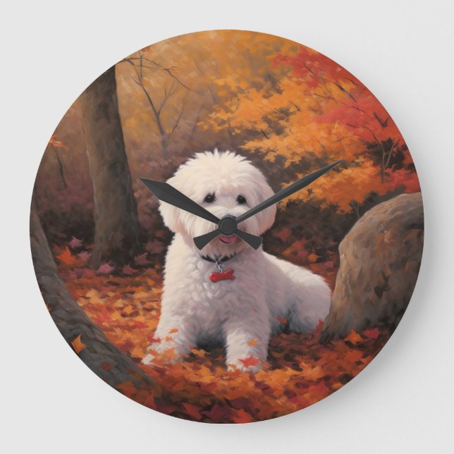 Grande Horloge Ronde Bichon Frise à l'automne Feuilles automne Inspire (Recto)
