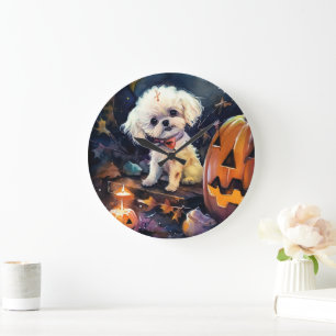 Grande Horloge Ronde Bichon Frise Halloween Avec Citrouilles Effrayant
