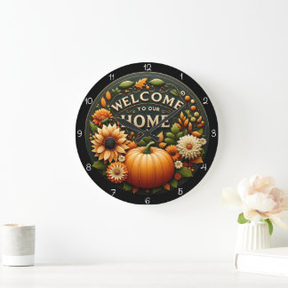 Grande Horloge Ronde Bienvenue à la Maison Citrouille Florale d'Automne