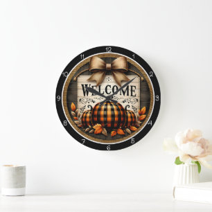 Grande Horloge Ronde Bienvenue Citrouilles Carreaux