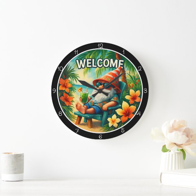 Grande Horloge Ronde Bienvenue Gnome d'été  (Maison)