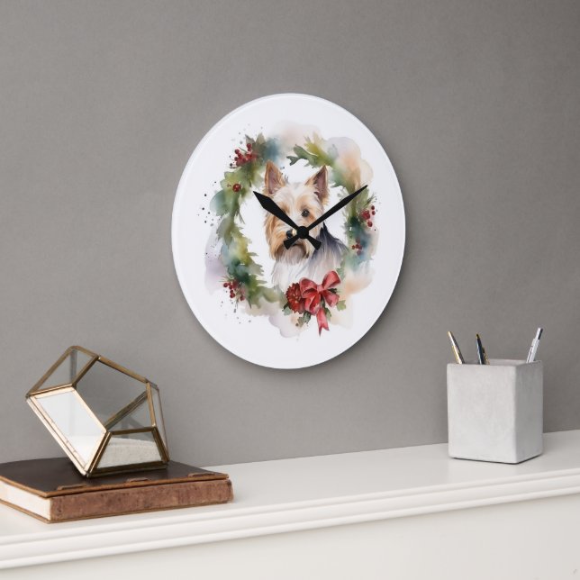 Grande Horloge Ronde Biewer Terrier Noël Wreath Festive Pup (Bureau)