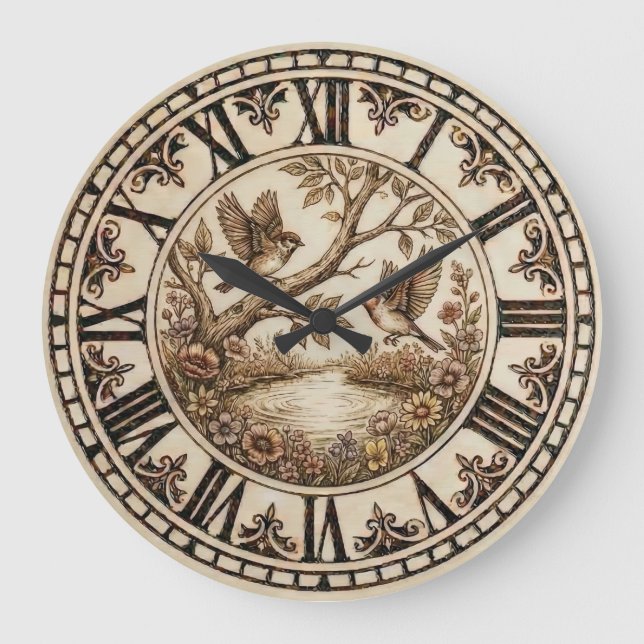 Grande Horloge Ronde Birds & Flowers Rustic Wall Clock (Recto)
