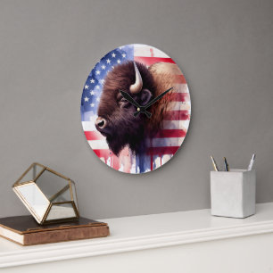 Grande Horloge Ronde Bison avec drapeau des États-Unis d'Amérique