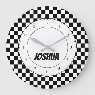 Grande Horloge Ronde Black and White Check Flag Large Clock