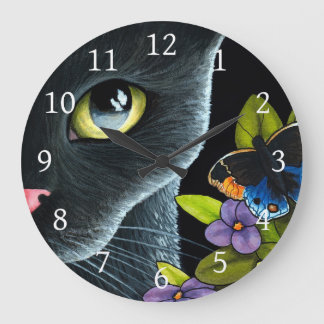 Grande Horloge Ronde Black Cat 557 Papillon bleu Fleurs
