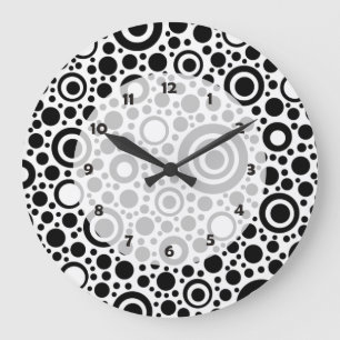 Grande Horloge Ronde Black Dots & Circle Pattern + your text & backgr.