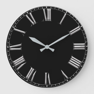 Grande Horloge Ronde Black Gray Metal Minimum Silver Roman Numbers
