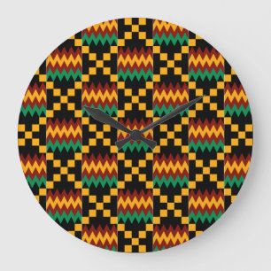 Grande Horloge Ronde Black, Green, Red, et Yellow Kente Cloth