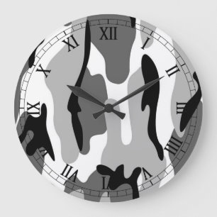 Grande Horloge Ronde Black White Gray Camouflage