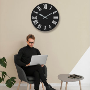 Grande Horloge Ronde Black White Gray Metallic Silver Roman Numbers