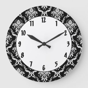 Grande Horloge Ronde Blanc élégant sur la damassé noire
