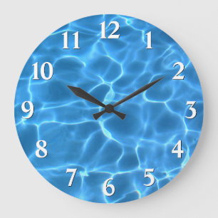 Grande Horloge Ronde Blanc Noir Ombre Numéros Bleu Piscine