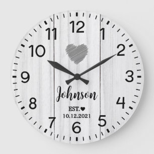 Grande Horloge Ronde Blanc Rustique nom personnalisé en bois