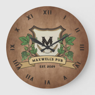 Grande Horloge Ronde Blason de houblon personnalisé pour votre pub
