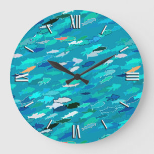 Grande Horloge Ronde Bleu, blanc, école de turquoise des poissons