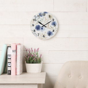 Grande Horloge Ronde Bleu Blanc Floral