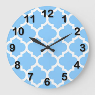 Grande Horloge Ronde Bleu ciel blanc motif marocain quatrefeuille #5