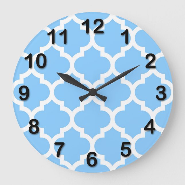 Grande Horloge Ronde Bleu ciel blanc motif marocain quatrefeuille #5 (Recto)