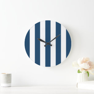 Grande Horloge Ronde Bleu de marine, Blancs, Motif rayé