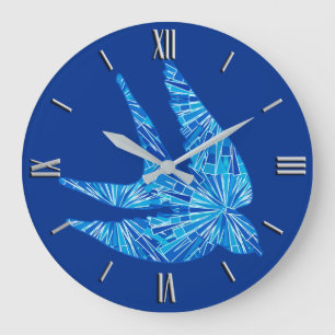 Grande Horloge Ronde Bleu géométrique moderne d'oiseau, de cobalt et 