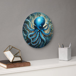 Grande Horloge Ronde Bleu Octopus Acrylique Abstraite,
