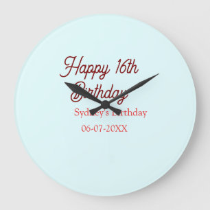 Grande Horloge Ronde Bleu pastel rouge joyeux 16e anniversaire nom date